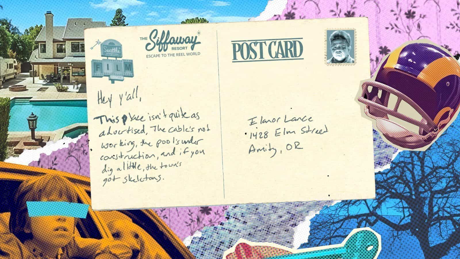 A collage-style image featuring a postcard with handwritten text, a house, a vintage helmet, a pool, and a child's face—all artfully arranged within the frame, overlaid with graphic elements inspired by Art Behind the Frame.