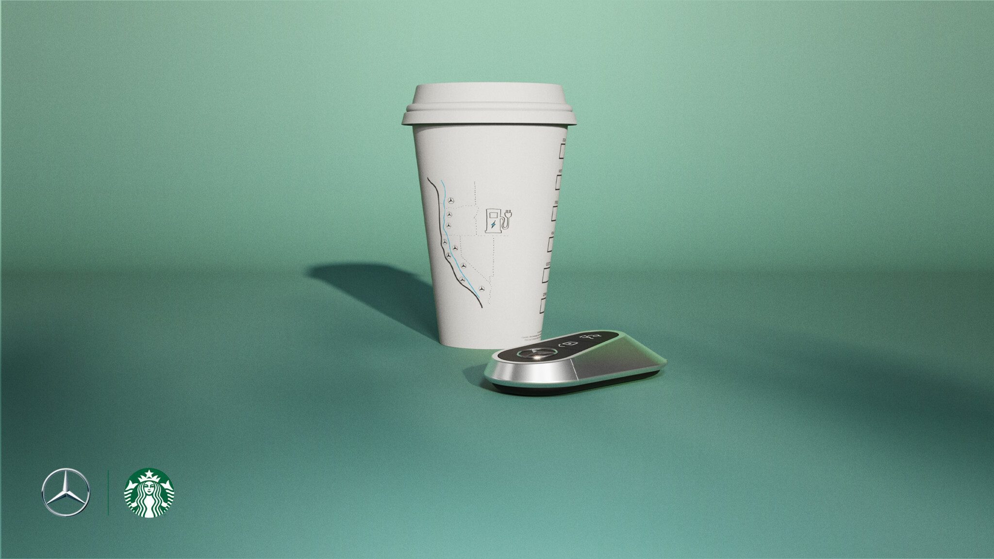 A white Starbucks coffee cup and a sleek Mercedes-Benz key fob are placed on a green surface. Logos of Mercedes-Benz and Starbucks are shown at the bottom left corner.