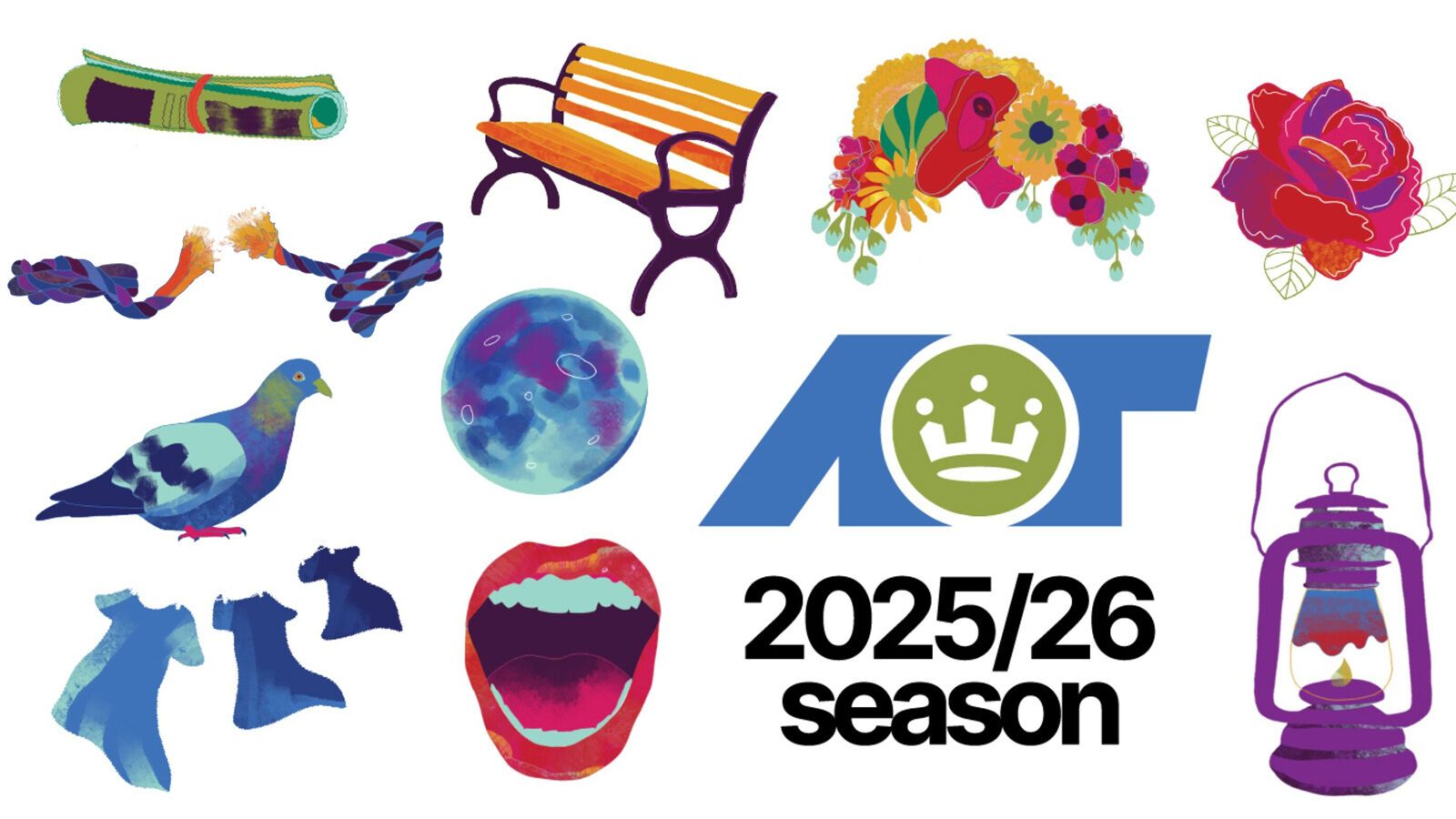 Colorful illustrations of objects—flowers, a pigeon, moon, bench, socks, lantern, open mouth, and the AOT 2025/26 season logo—highlight the creative spirit of ACT and Shakespeare Merge to Create Union Arts Center on a white background.