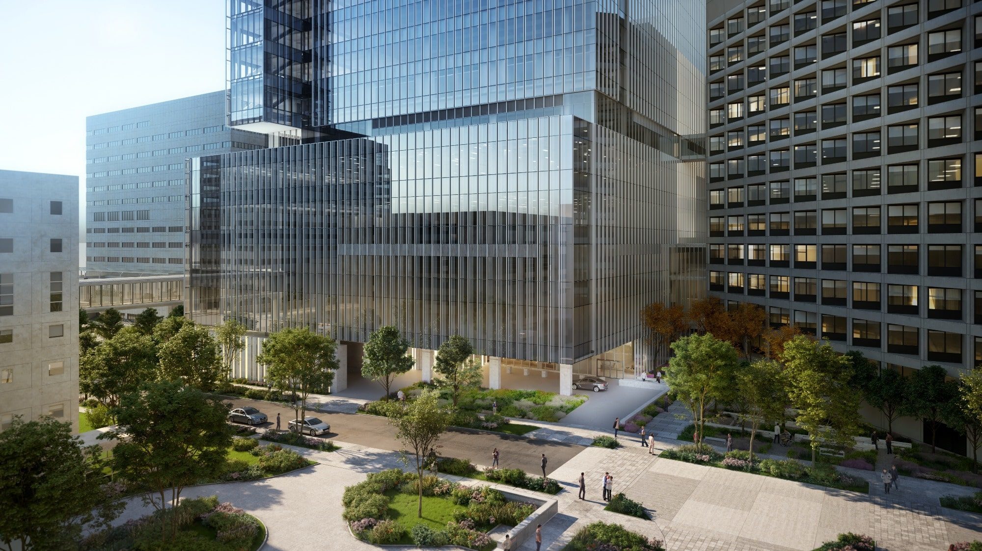 Modern high-rise office buildings with reflective glass facades surround a landscaped courtyard featuring trees, pathways, and people walking. This future Health Hub seamlessly integrates nature and innovation for a holistic workspace.