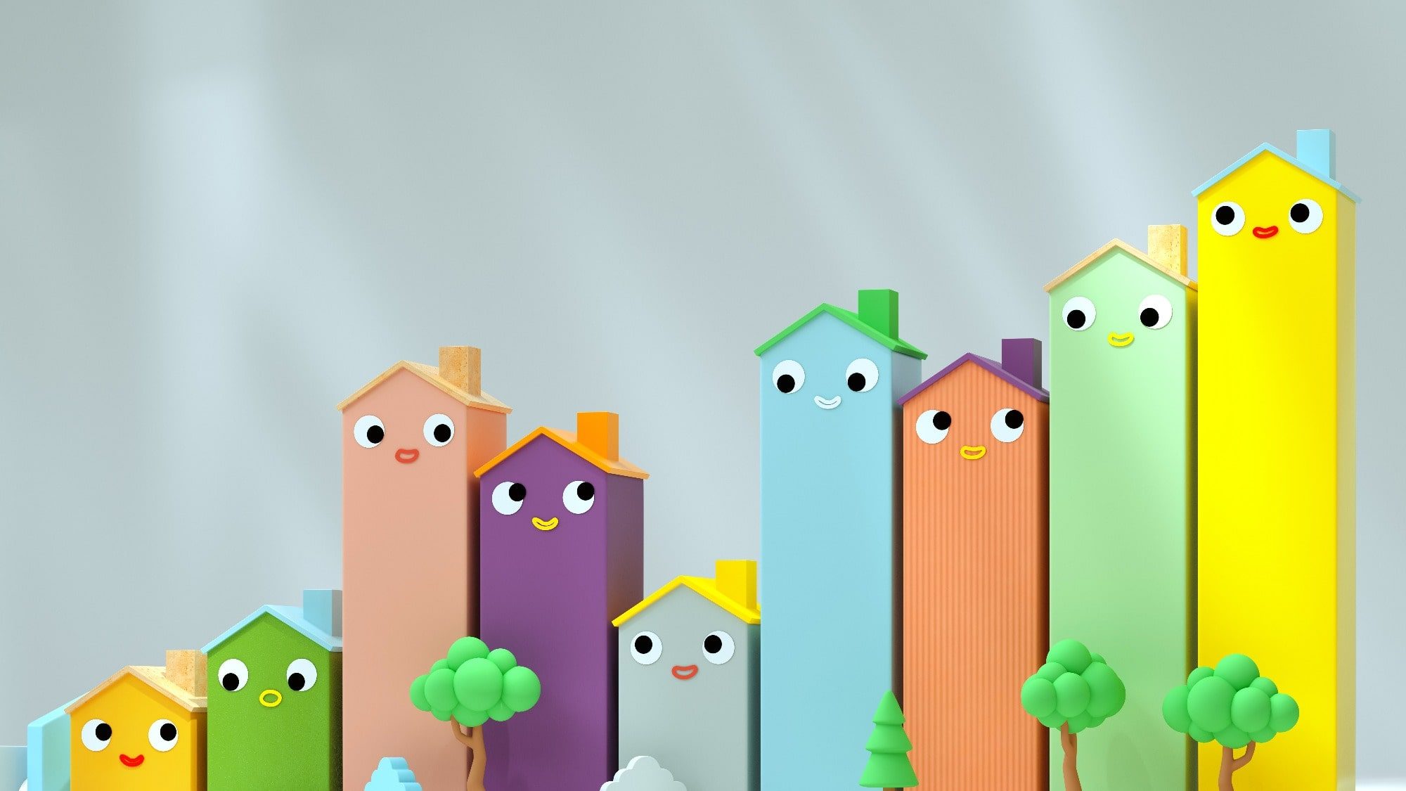 Digital generated image of cartoon wooden houses standing on white surface.