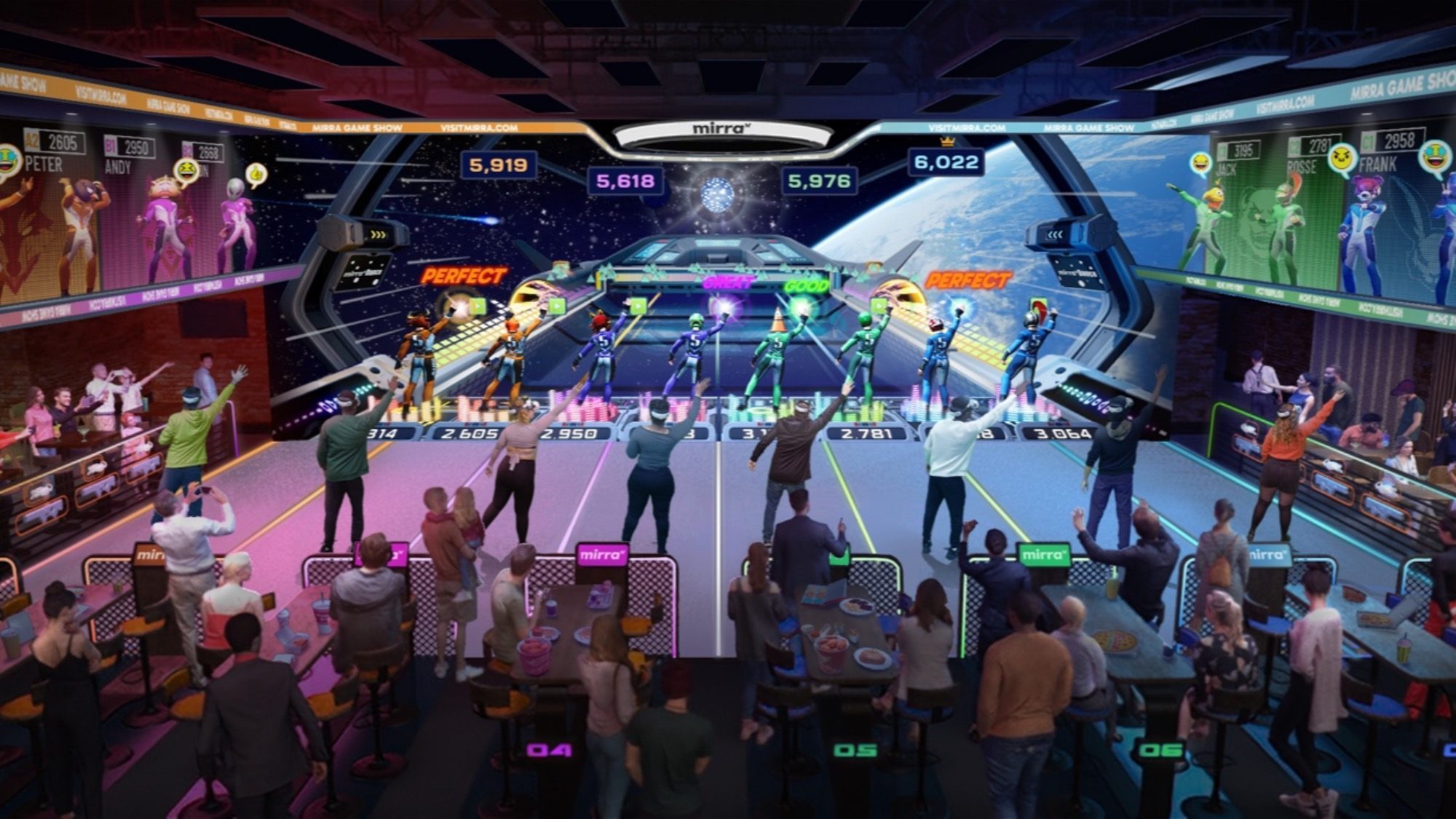 A futuristic virtual playground where players on colorful lanes compete in an interactive arena, with an audience watching from the sidelines. Scoreboards and game avatars are visible above the players, blending digital fun with intense competition.