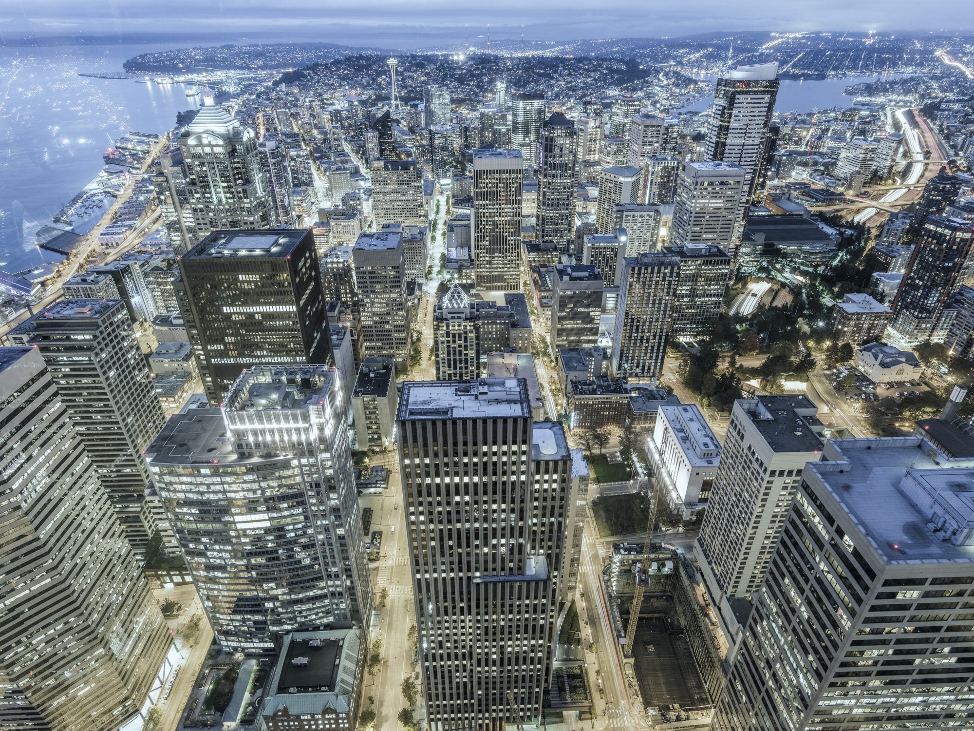 Aerial View of Seattle Downtown at Night,USA.