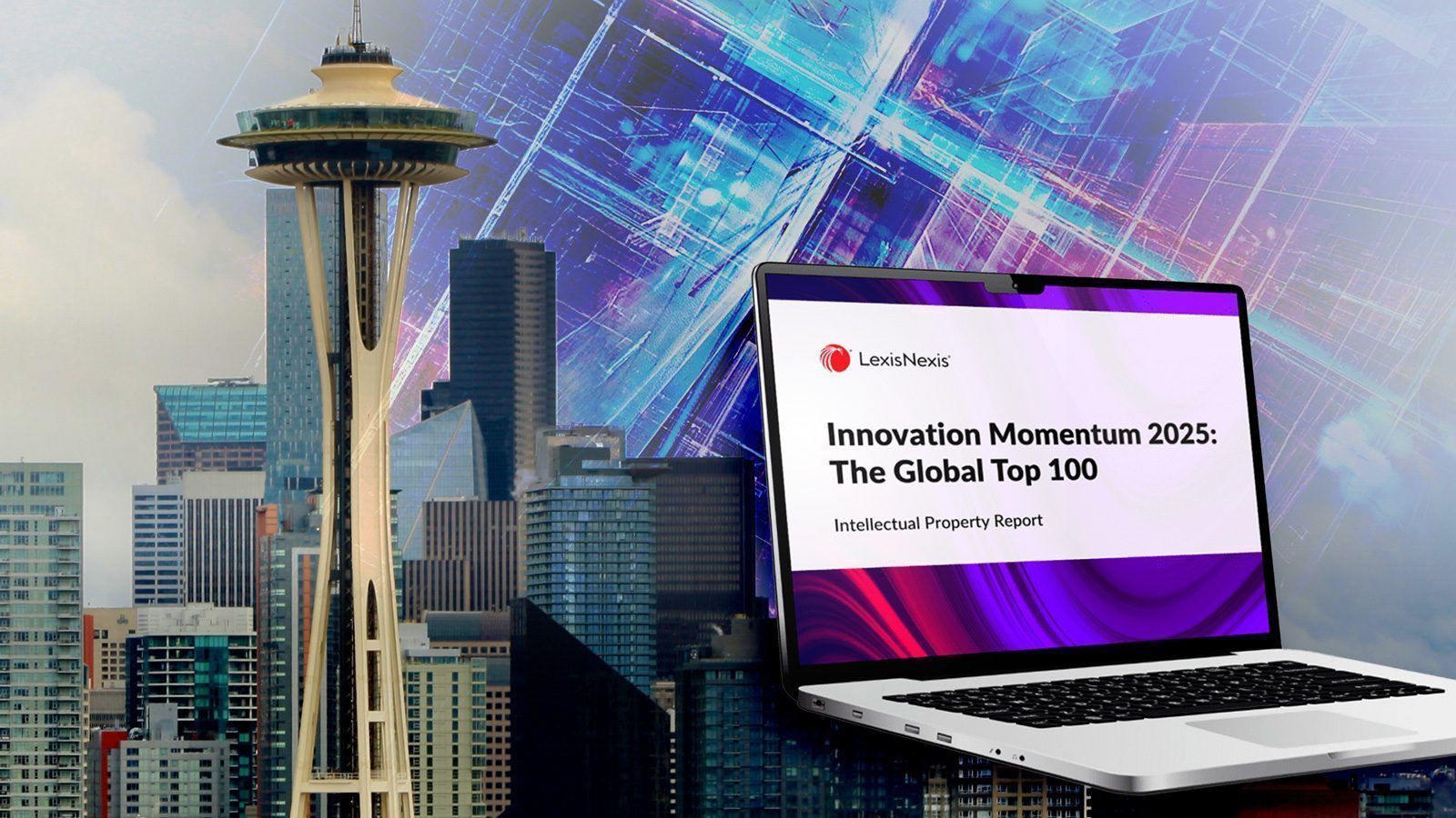 A laptop showcases "Innovation Momentum 2025: The Global Top 100" report, seamlessly blending the dynamic spirit of Seattle companies with the iconic Space Needle against a backdrop of abstract digital graphics, highlighting the Global Innovators driving the future.