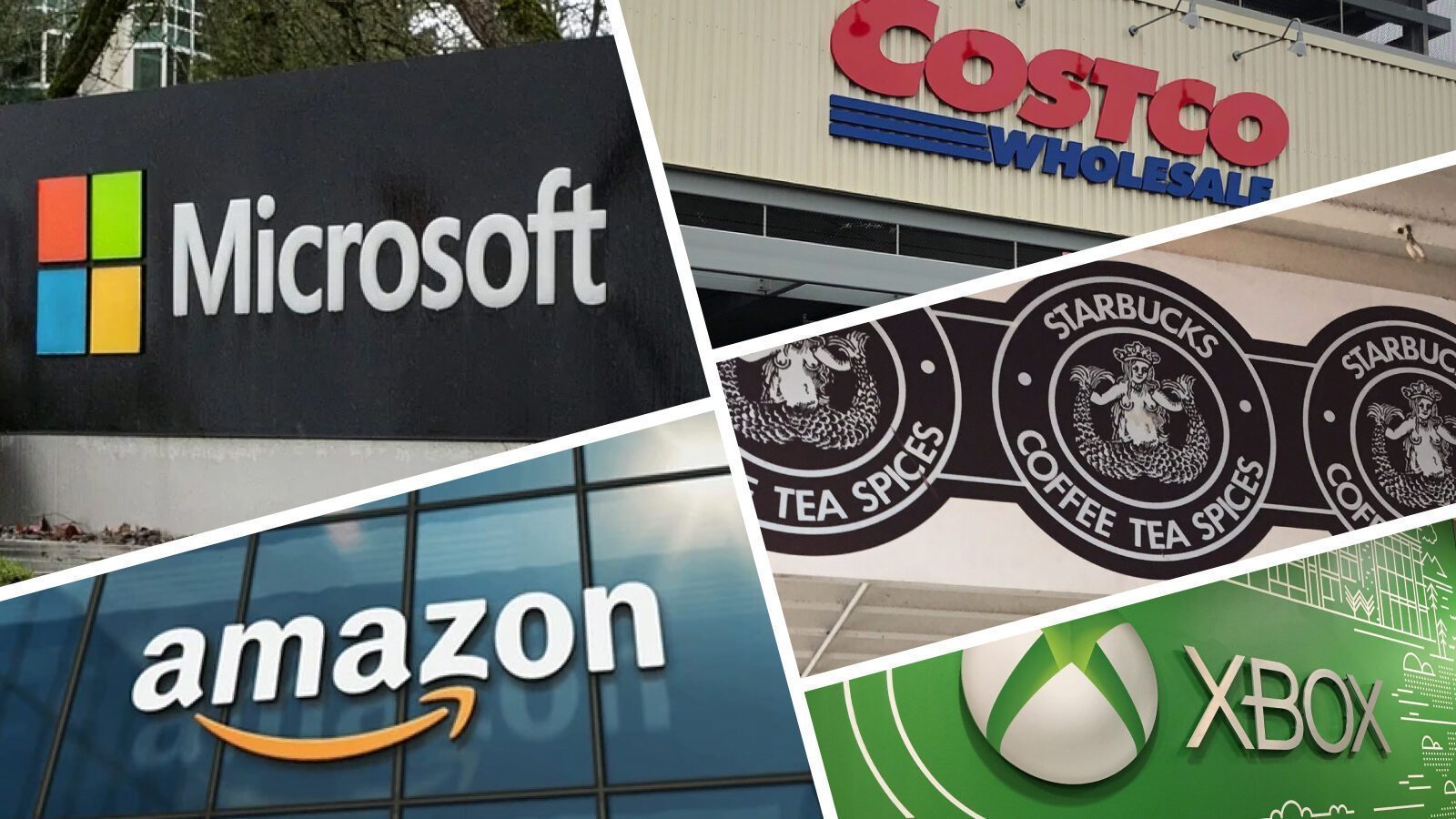 Collage showcasing the iconic logos of Microsoft, Amazon, Starbucks, Costco, and Xbox.