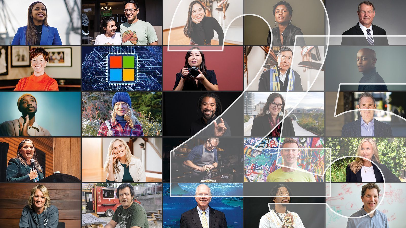 Grid collage of diverse individuals with a large number "25" overlay, celebrating Seattle magazine's annual list of Most Influential.