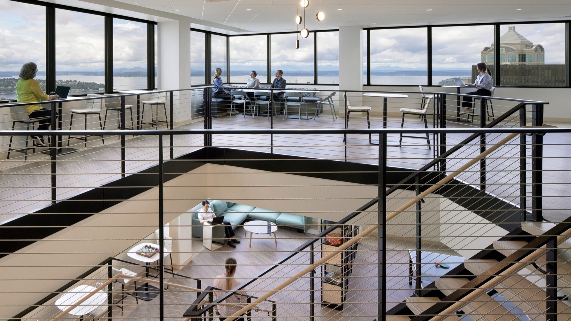 MCG’s office in downtown Seattle includes a “communicating stair” that connects work lounges between floors 48 and 49