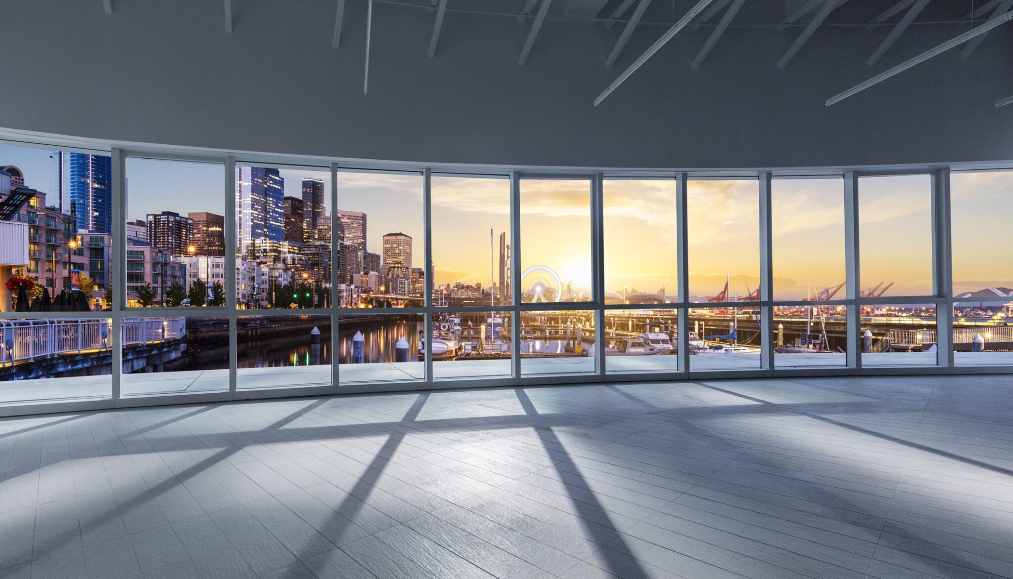 window view of Seattle sunset cityscape,washington state,usa.