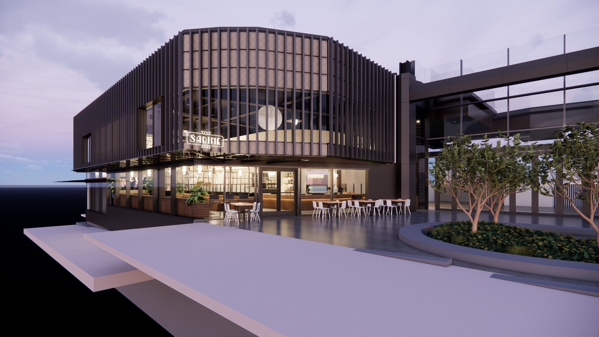 Modern building featuring a two-story structure with large windows, labeled "Sapin," has an outdoor seating area with tables and chairs, next to a landscaped section with small trees.