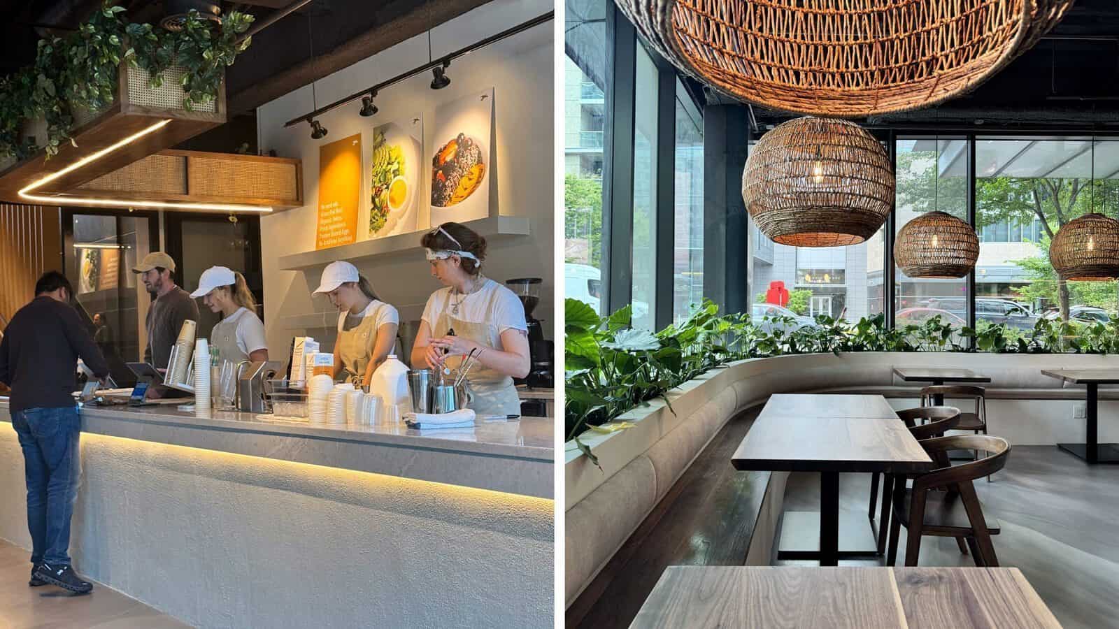 Split image shows a modern Sano cafe interior: left, staff serve a customer at the counter; right, empty seating with large windows and hanging wicker lamps. Explore similar style at our Eastside locations.