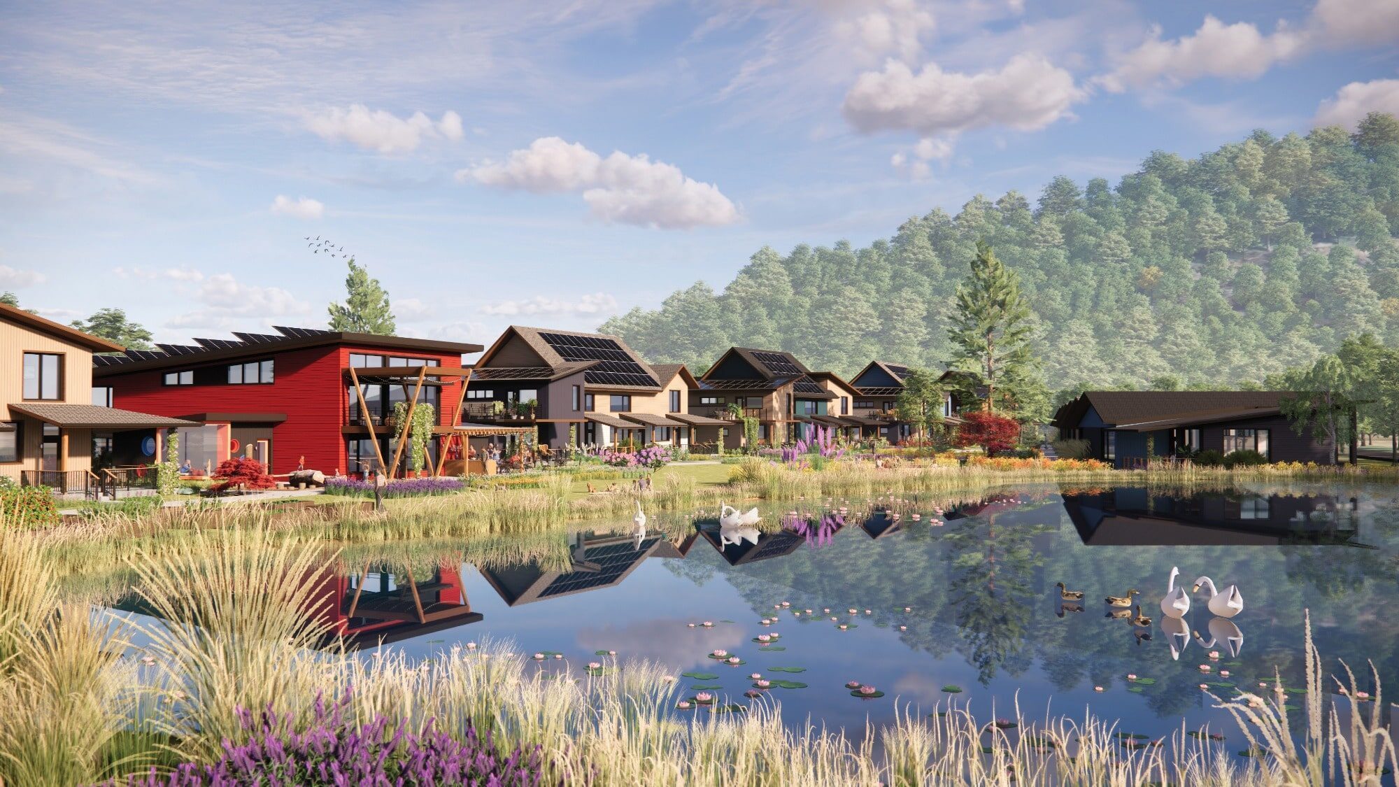 Mary Henson was captivated by the architecture of modern houses with solar panels, reflected in a pond with swans, surrounded by lush greenery and a forested hill under a partly cloudy sky.