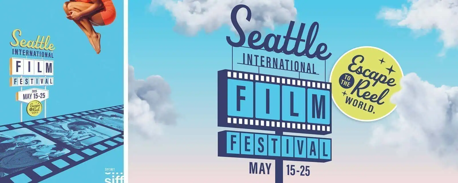 Seattle International Film Festival poster featuring film reel graphics, a person diving, and event dates May 15-25. The art is framed by a blue sky with clouds and the slogan "Escape to the Reel World.