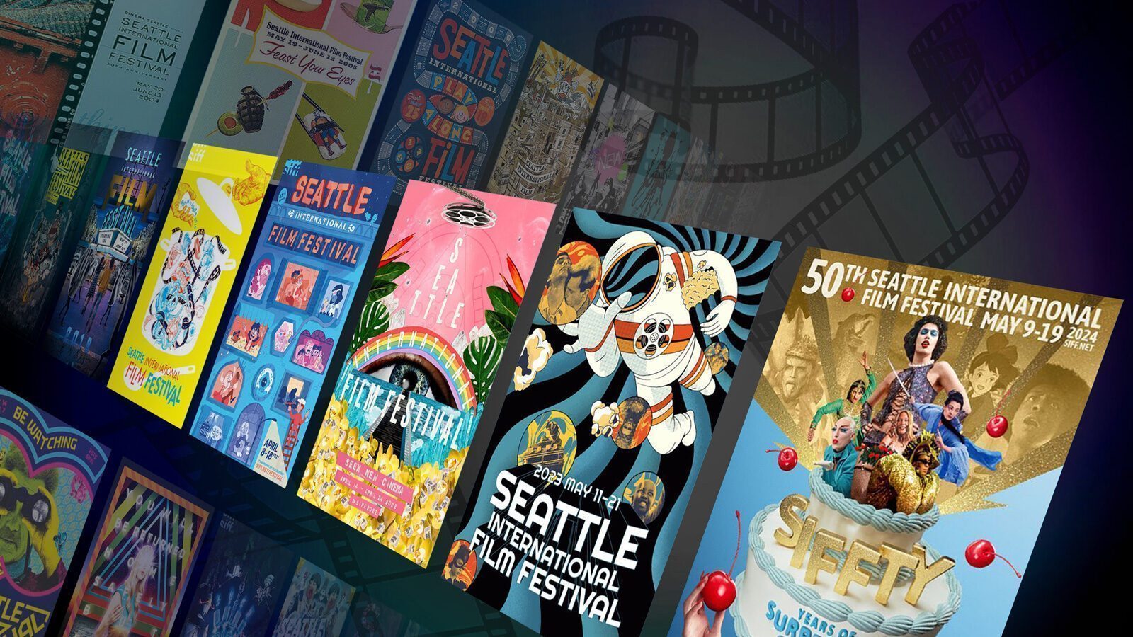 A series of colorful posters advertising the Seattle International Film Festival from various years, displayed against a dark background with a faint filmstrip design, captures the vibrant art behind the frame.