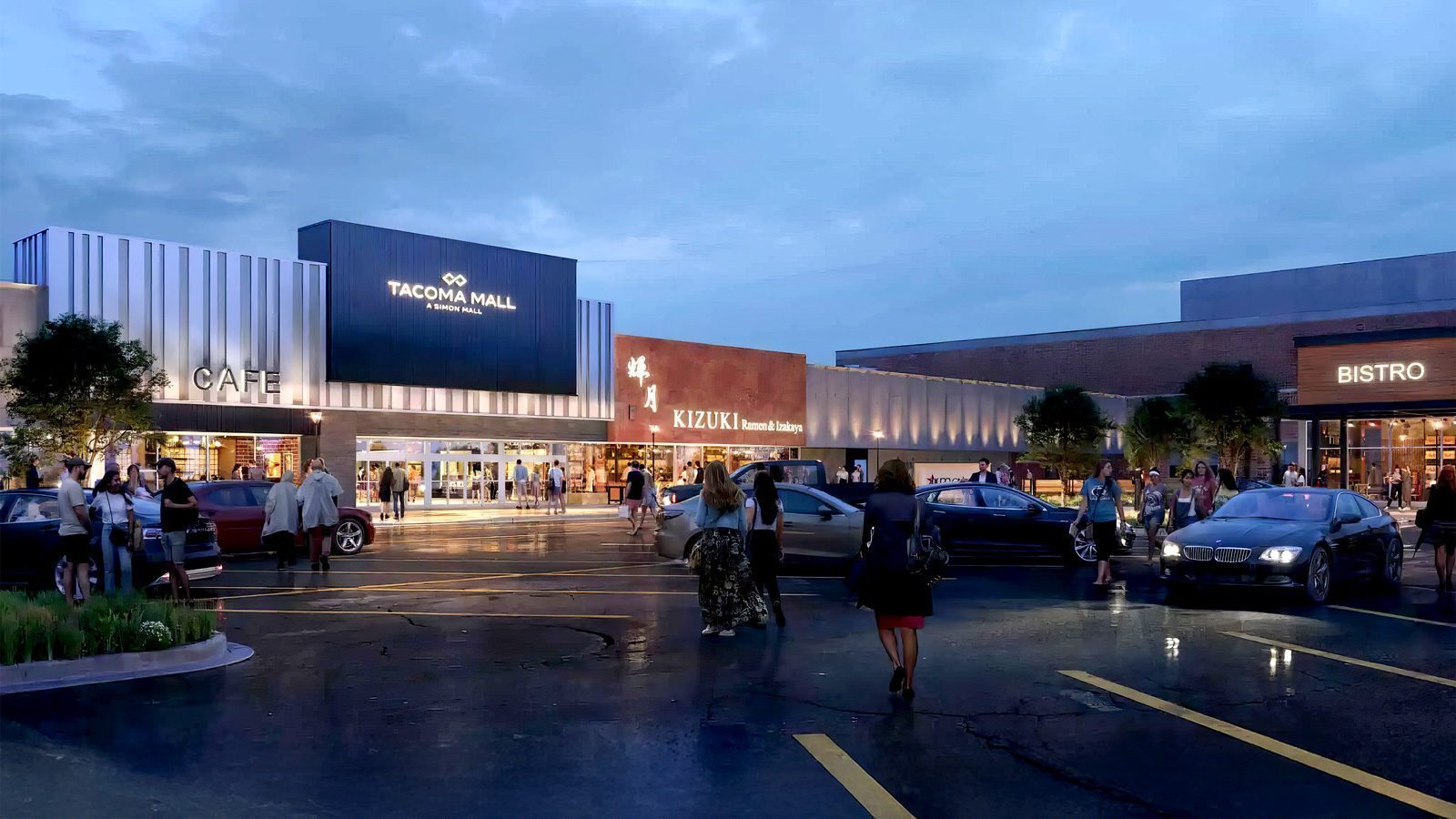 People strolling through the upscale parking lot outside Tacoma Mall, near a chic café and bistro, as evening falls. Cars are parked, and the sky is cloudy.